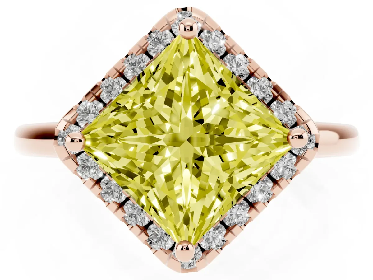 Fancy Yellow Princess Cut Halo Round Diamond Solitaire Engagement Ring with Pave Band and Four-Prong Setting Rose gold