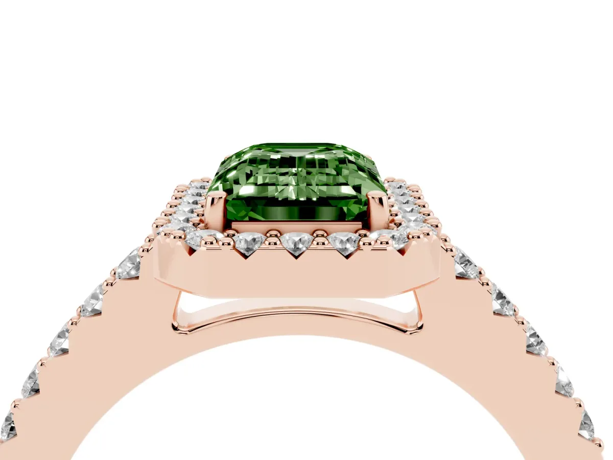 Fancy Green Emerald Cut Halo Diamond Pavé Solitaire Ring Rose gold