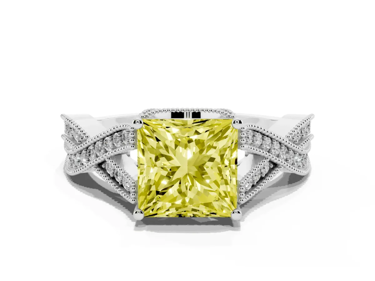 Fancy Yellow Princess Cut Cut Diamond Twisted Band with Milgrain Pave Setting and Four-Prong Setting Silver