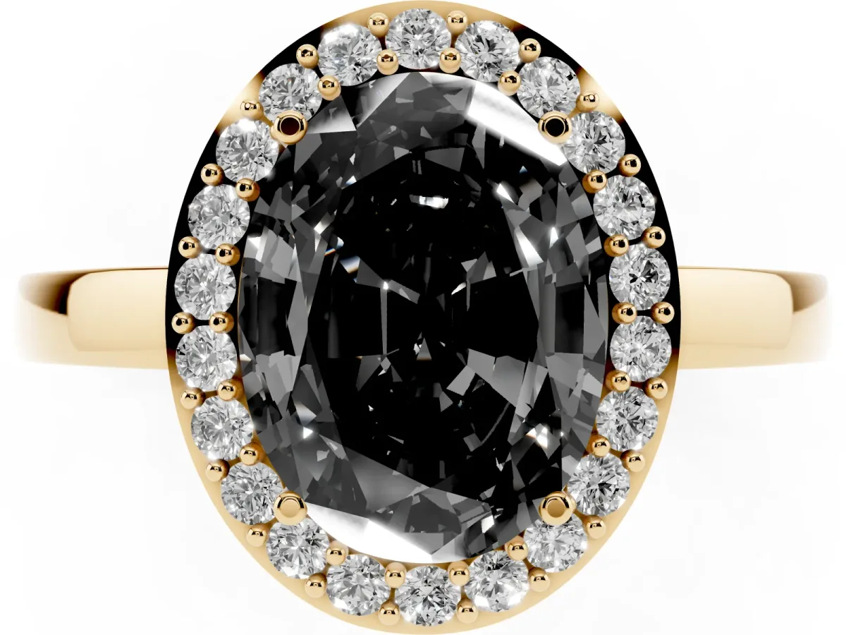 Fancy Black Oval Cut Halo Diamond Ring with Solitaire Band and Prong Setting Yellow gold