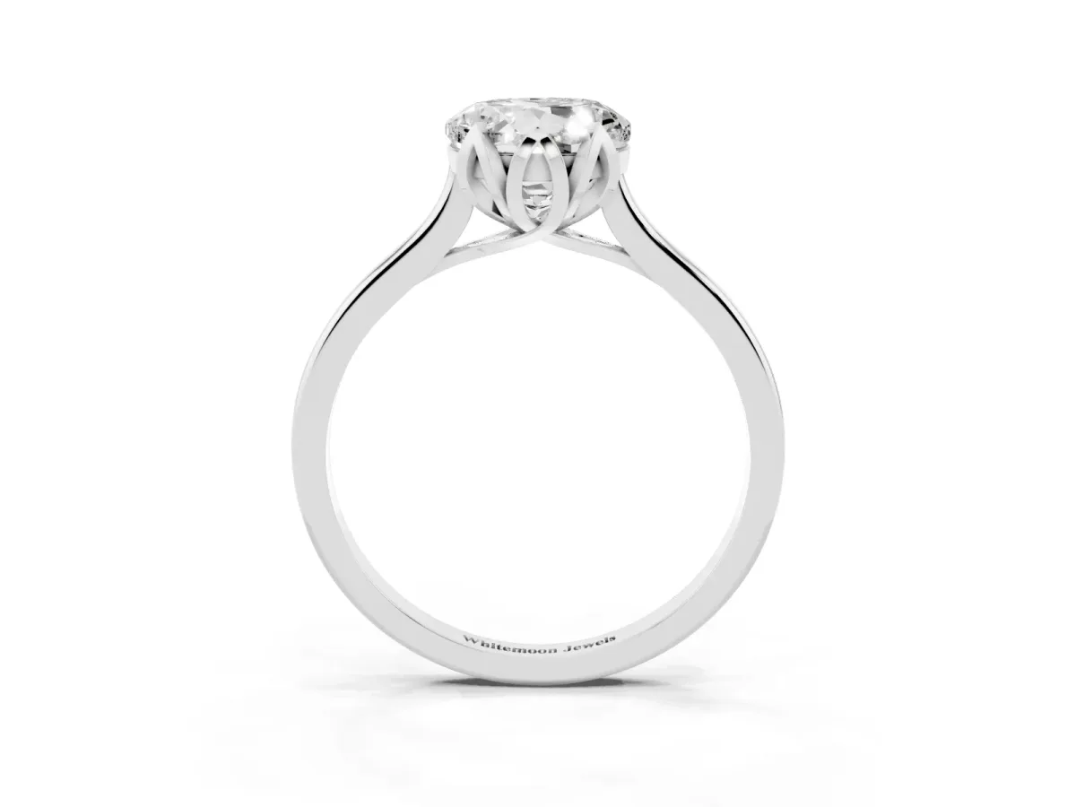 Round Cut Diamond Solitaire Ring with Flower Prong Setting and Classic Band Silver