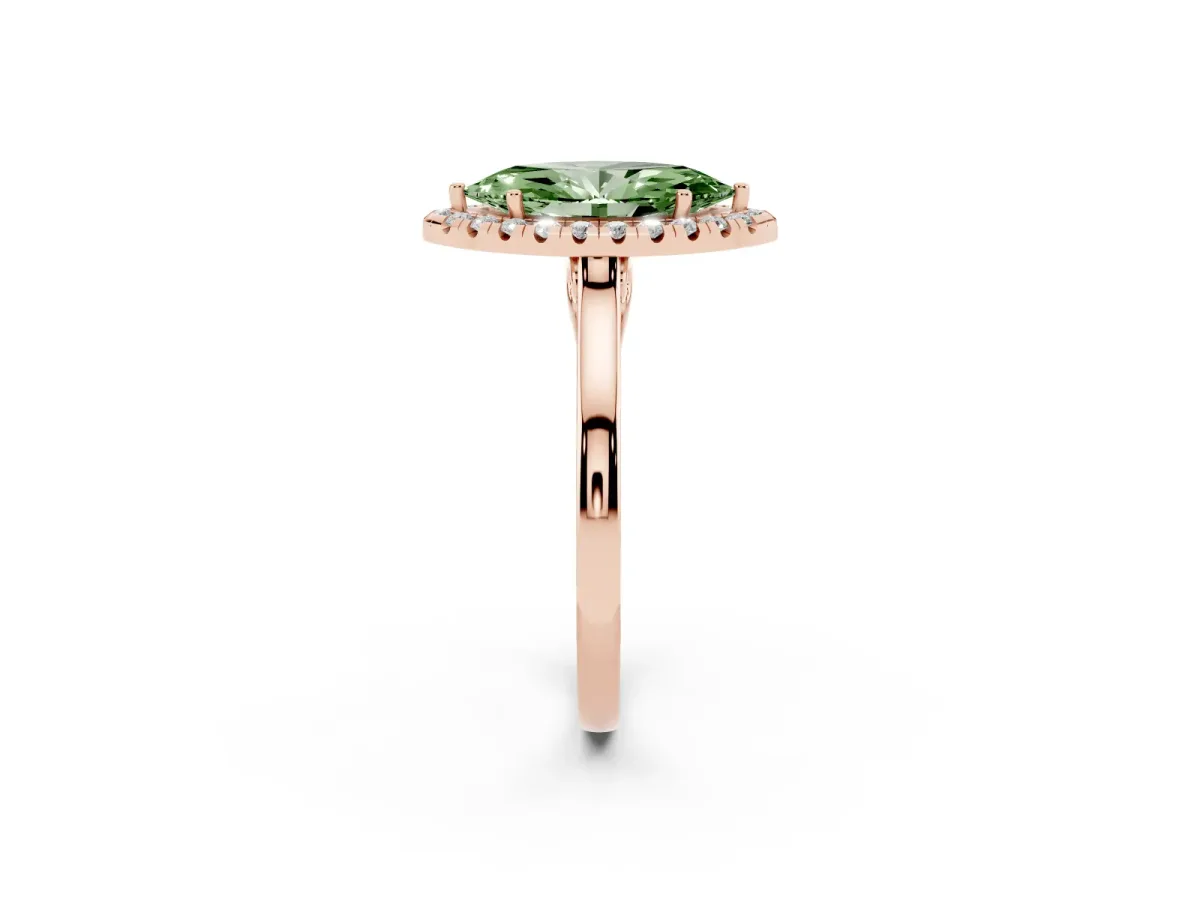 Fancy Green Marquise Cut Halo Round Diamond Solitaire Ring with Pavé Band and Four-Prong Setting Rose gold