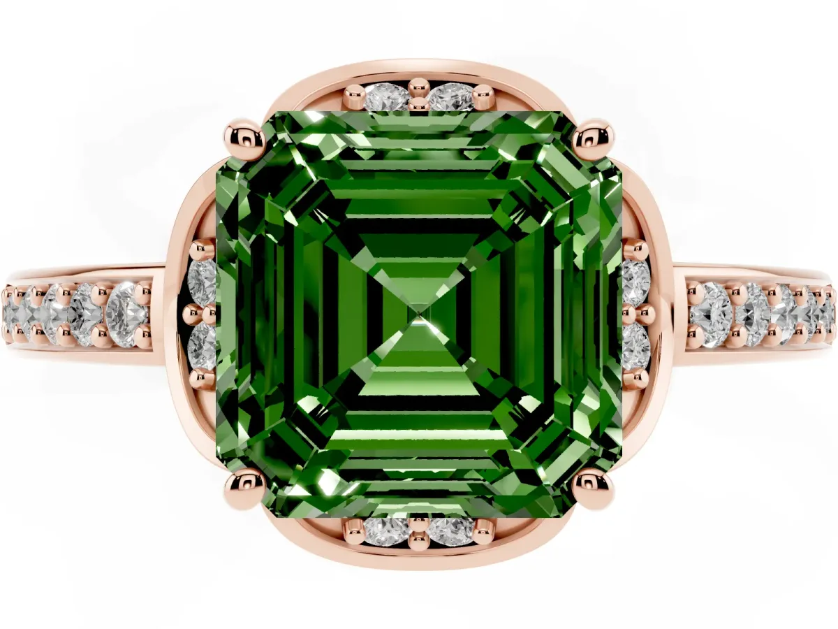 Fancy Green Asscher Cut Cut Halo Diamond Ring with Channel Set Band and Four-Prong Setting Rose gold