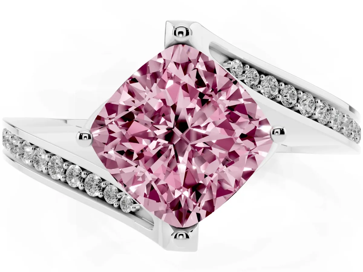 Fancy Pink Cushion Cut Solitaire Diamond Twist Band with Pavé Setting and Four-Prong Setting Silver