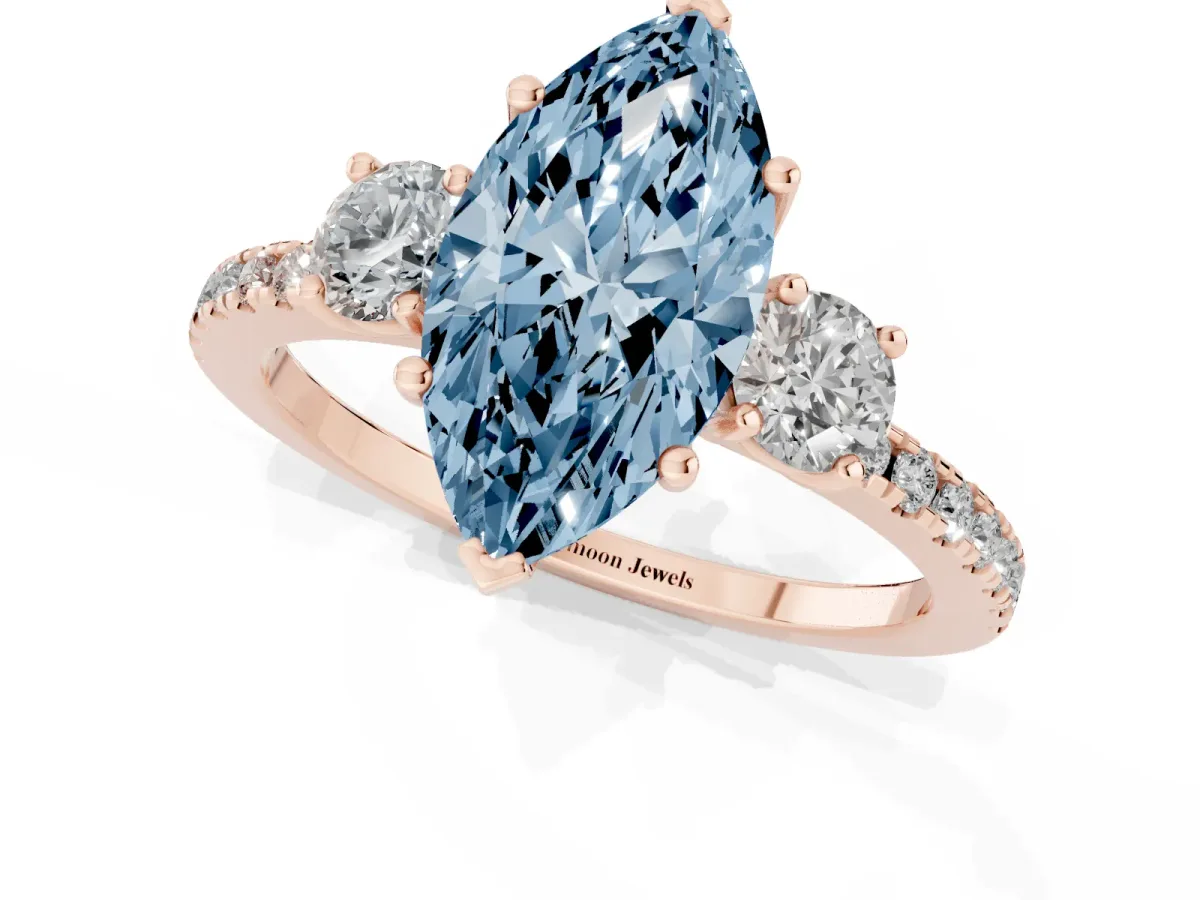Fancy Blue Three-Stone Marquise Cut Cut Diamond Pavé Band with Prong Setting Rose gold
