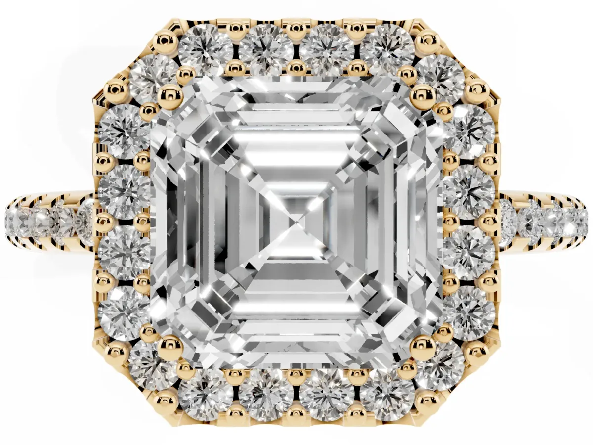 Asscher Cut Diamond Pavé Halo Ring with Four-Prong Setting Yellow gold