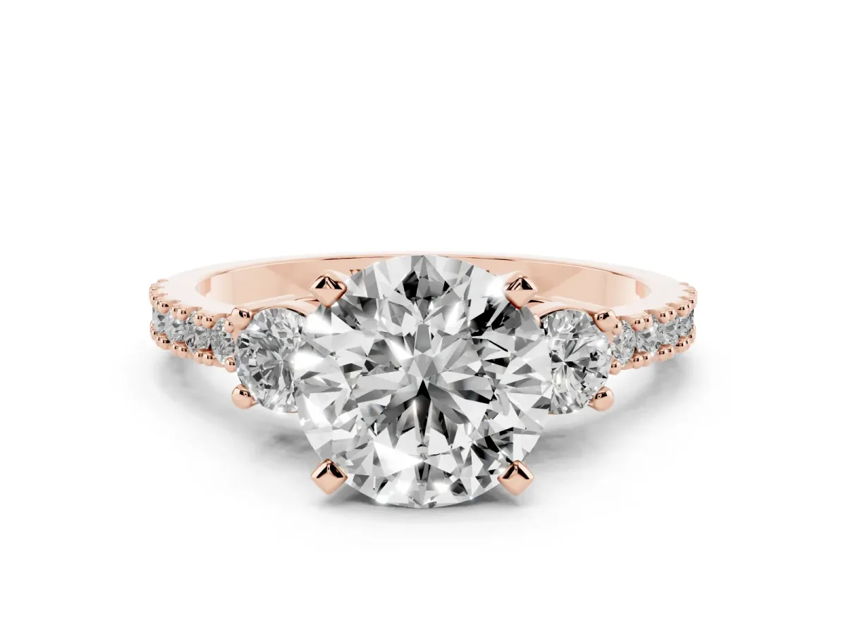 Round Cut Three-Stone Diamond Pavé Band with Prong Setting Rose gold