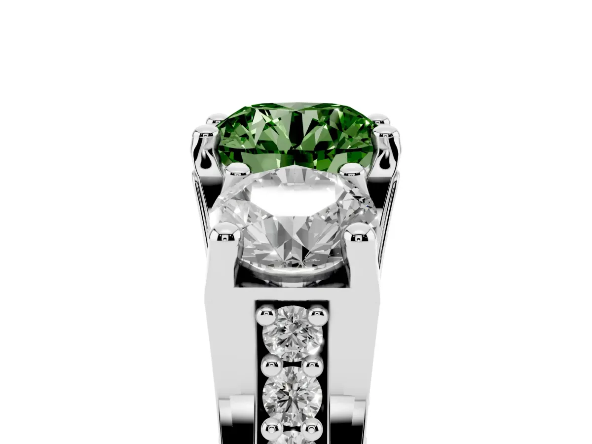 Fancy Green Round Cut Diamond Three-Stone Ring with Channel Set Band and Four-Prong Setting Silver