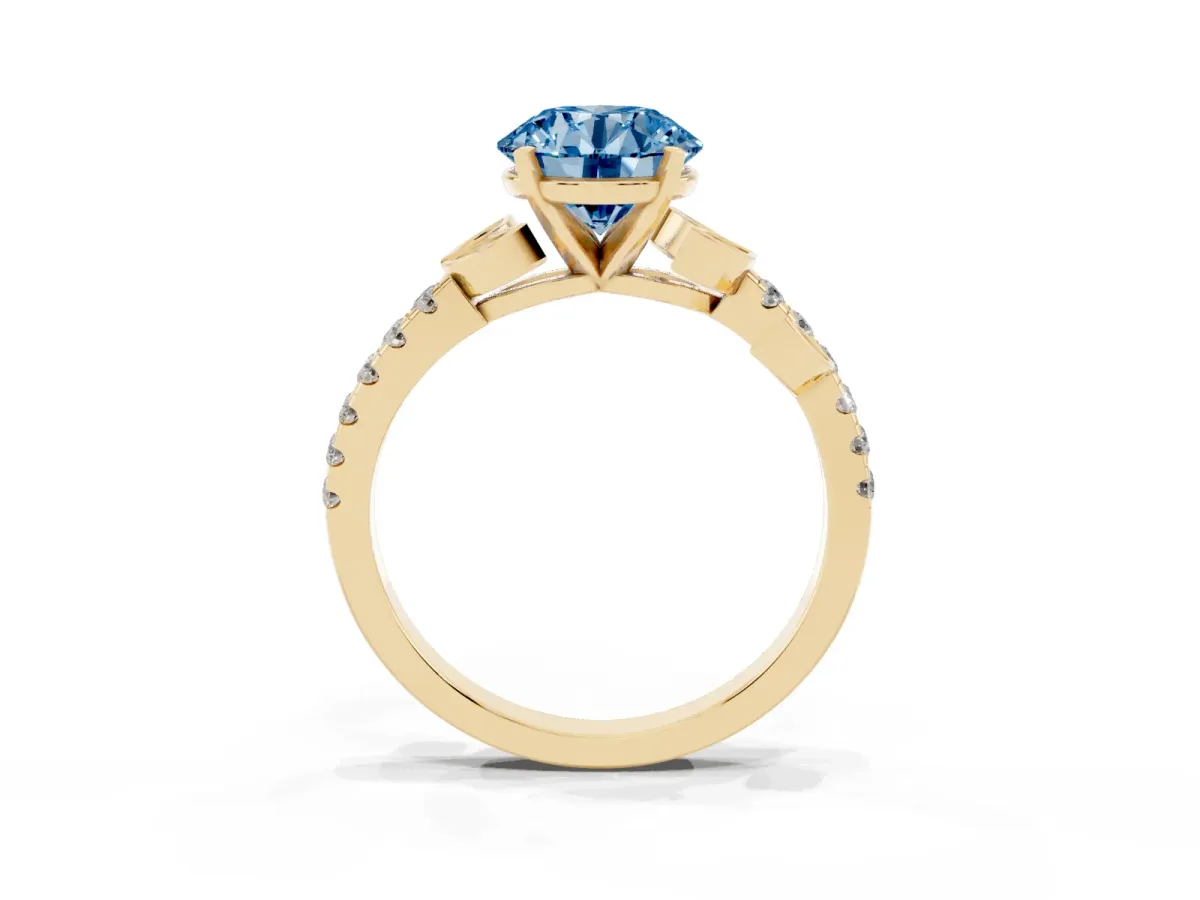Fancy Blue Round Cut Solitaire Leaf-Inspired Diamond Ring with Pavé Band and Four-Prong Setting Yellow gold