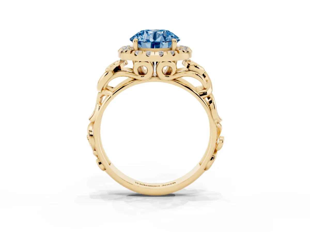 Fancy Blue Round Cut Cut Halo Diamond Ring with Scrollwork Band and Four-Prong Setting Yellow gold