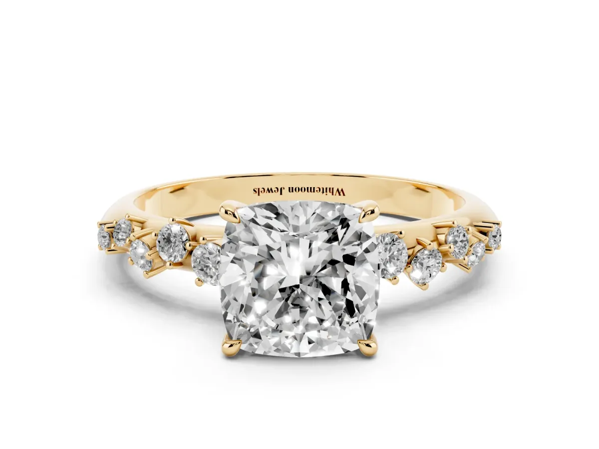 Cushion Cut Diamond Cluster Side Stone Solitaire Ring with Prong Setting Yellow gold
