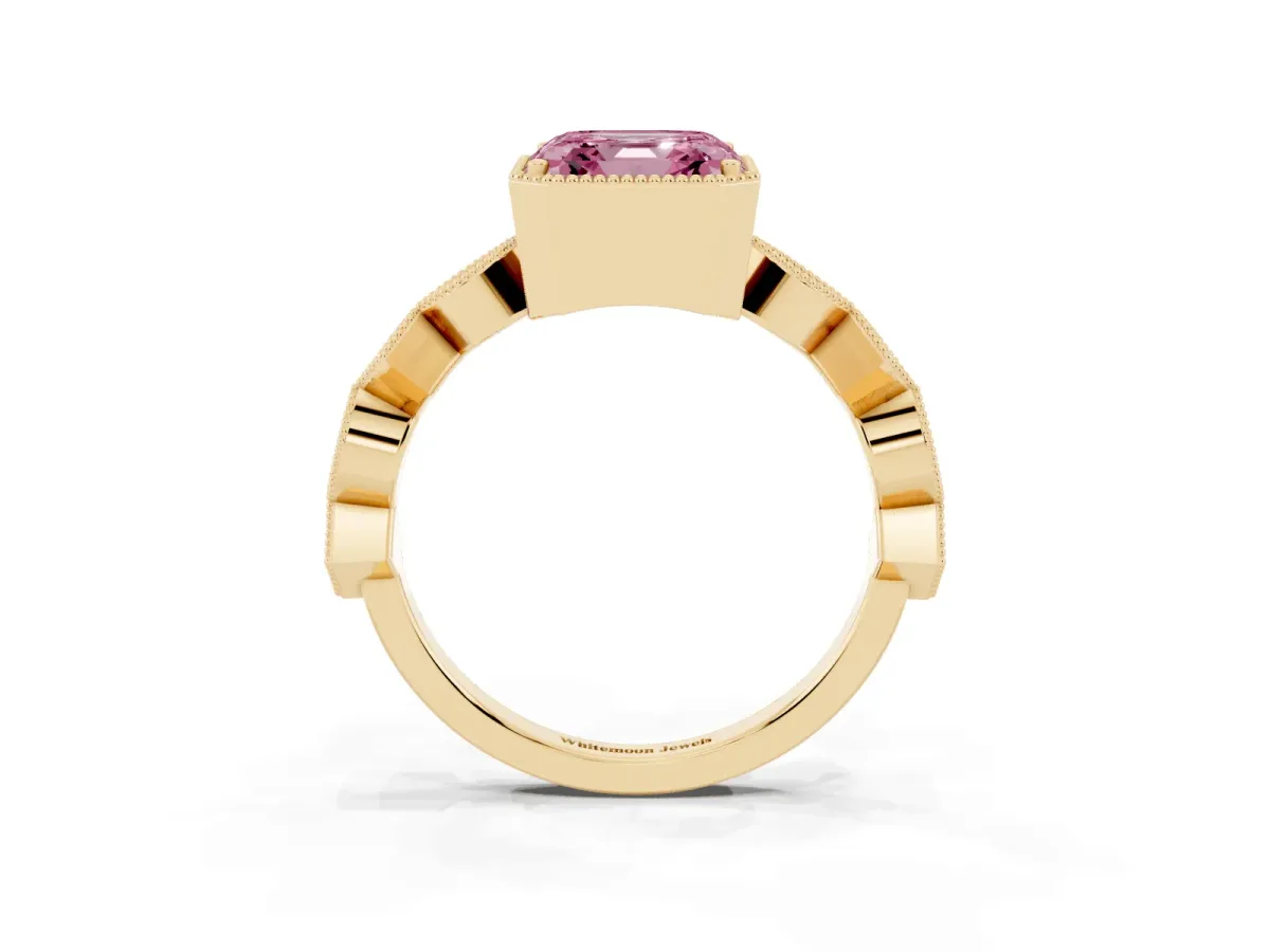 Fancy Pink Asscher Cut Milgrain Marquise Diamond Twist Band Ring Yellow gold