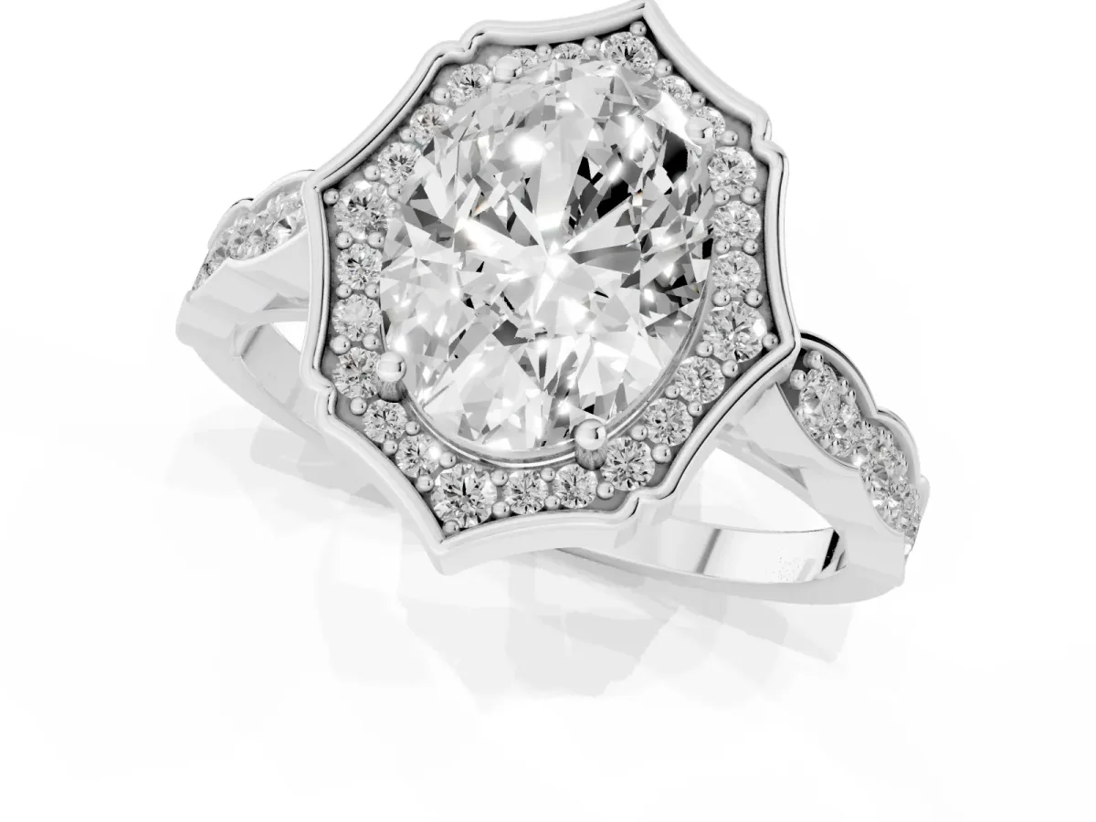 Oval Cut Halo Diamond Engagement Ring with Milgrain Band and Four-Prong Setting Silver