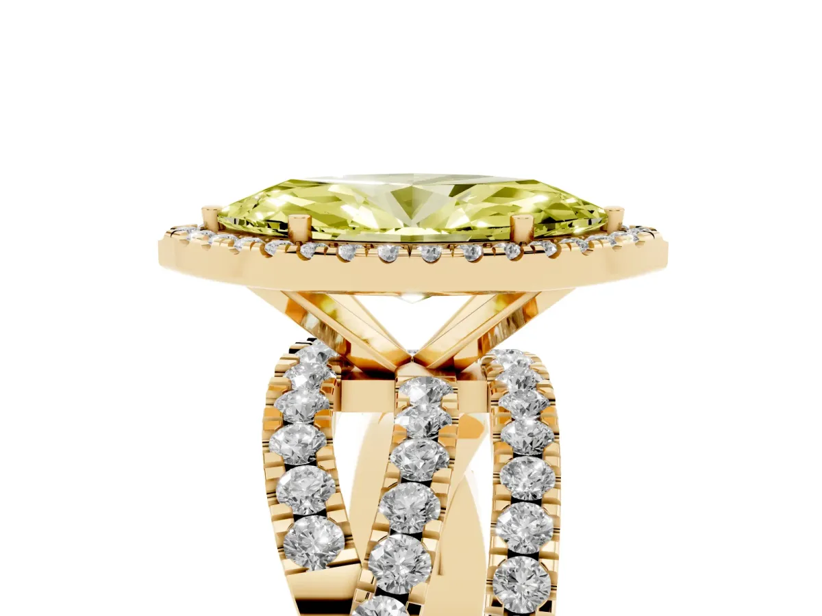 Fancy Yellow Marquise Cut Diamond Halo Ring with Round Split Shank and Prong Setting Yellow gold