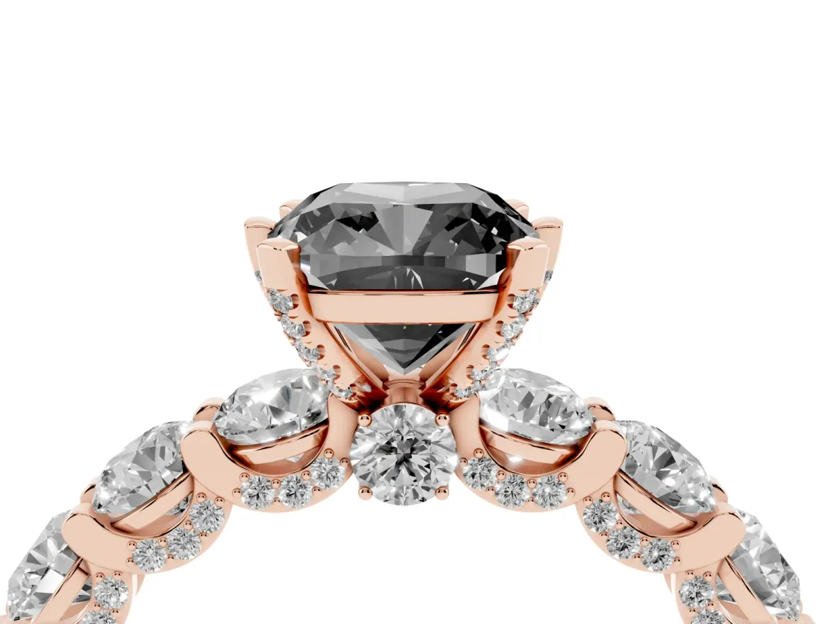 Fancy Black Cushion Cut Diamond Side Stone Engagement Ring with Four-Prong Setting Rose gold