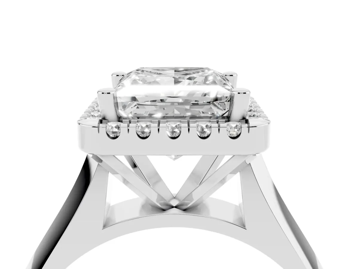 Princess Cut Cut Halo Solitaire Engagement Ring with Square Band and Four-Prong Setting Platinum