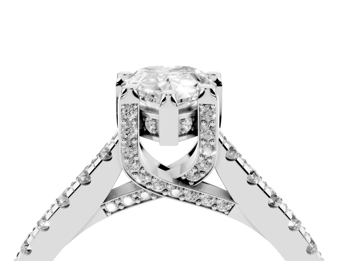 Pear Cut Brilliant Diamond Solitaire with Pavé Band and Four-Prong Setting Platinum
