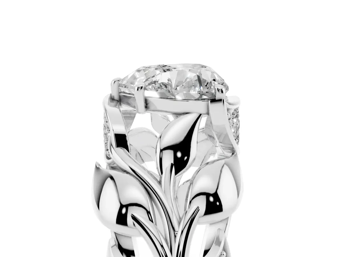 Heart Cut Diamond Leaf-Inspired Engagement Ring with Round Accents and Prong Setting Silver