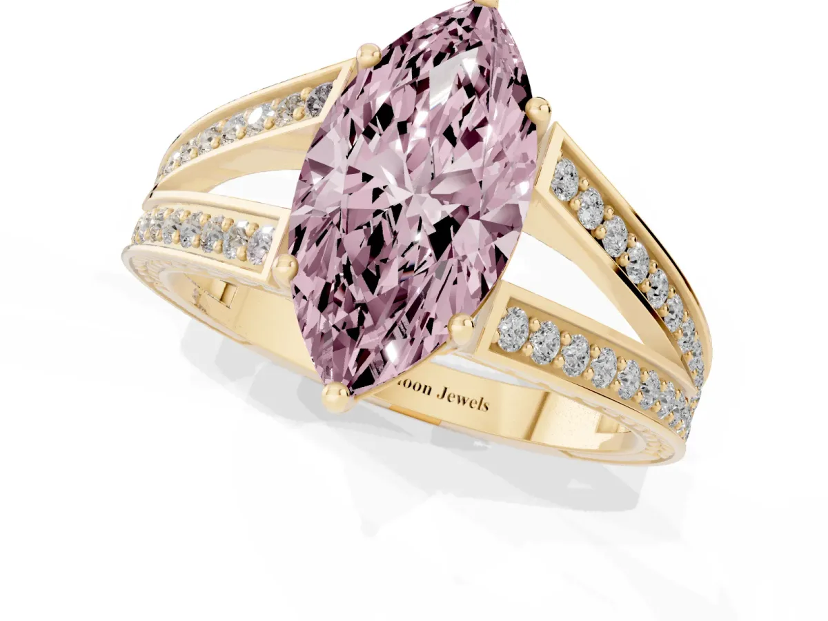 Fancy Pink Marquise Cut Diamond Split Shank Ring with Pavé Band and Four-Prong Setting Yellow gold