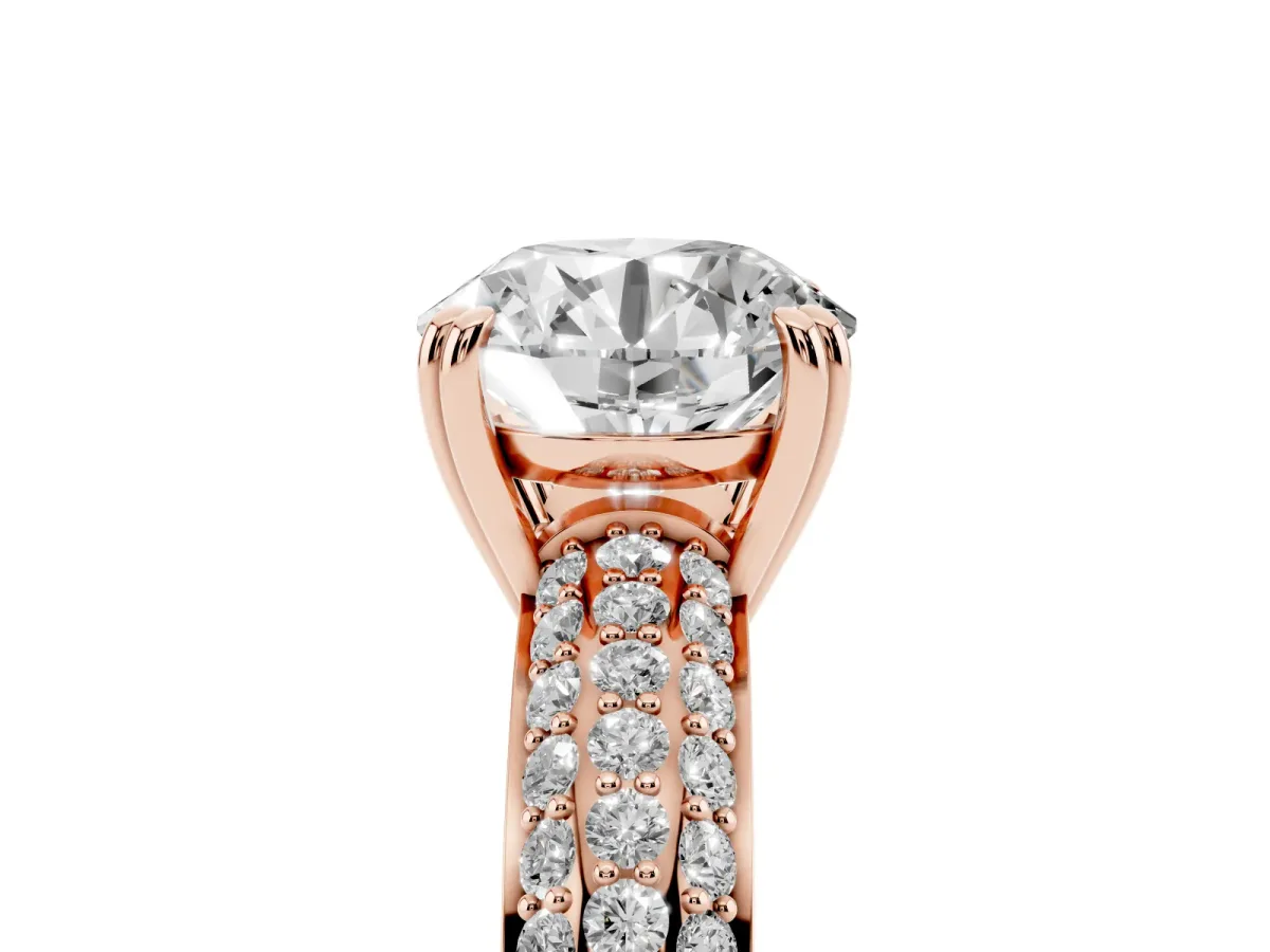Round Cut Diamond Solitaire Ring with Multi-Row Round Pavé Band and Prong Setting Rose gold