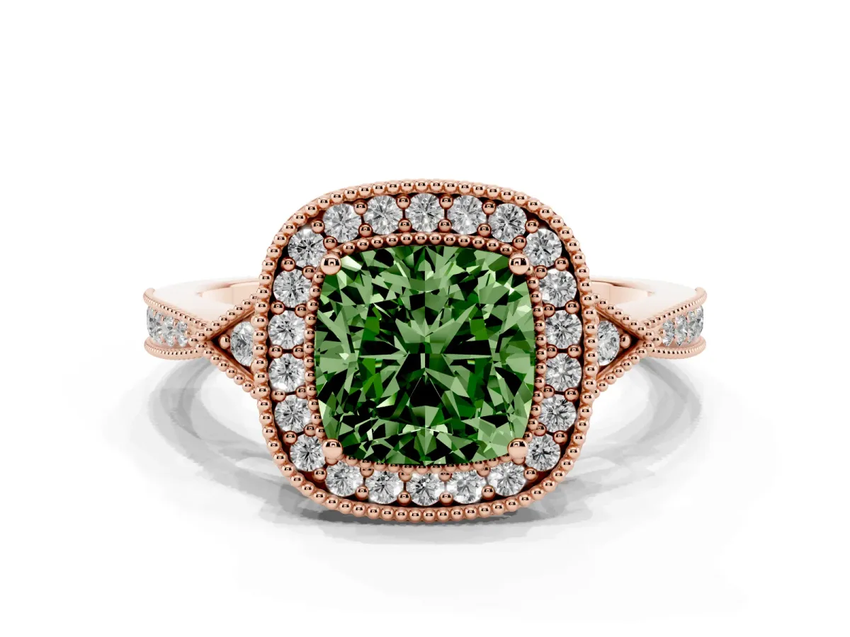 Fancy Green Cushion Cut Halo Round Diamond Milgrain Pave Engagement Ring Rose gold
