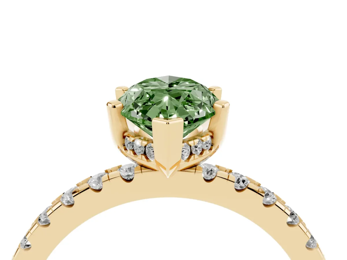 Fancy Green Marquise Cut Diamond Solitaire Ring with Round Pavé Band and Four-Prong Setting Yellow gold