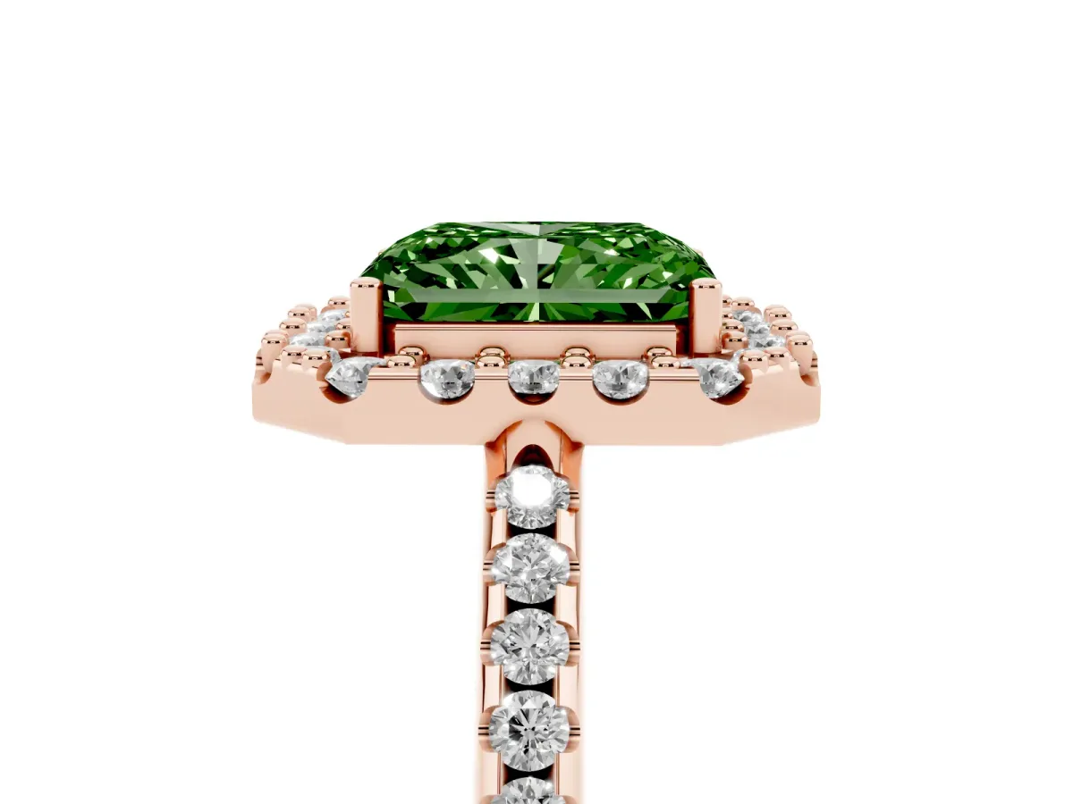 Fancy Green Radiant Cut Diamond Pavé Halo Ring with Four-Prong Setting Rose gold