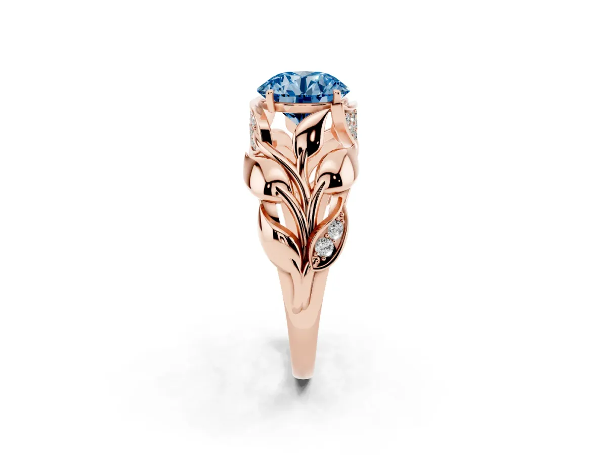 Fancy Blue Round Cut Diamond Leaf-Inspired Engagement Ring with Round Accents and Prong Setting Rose gold