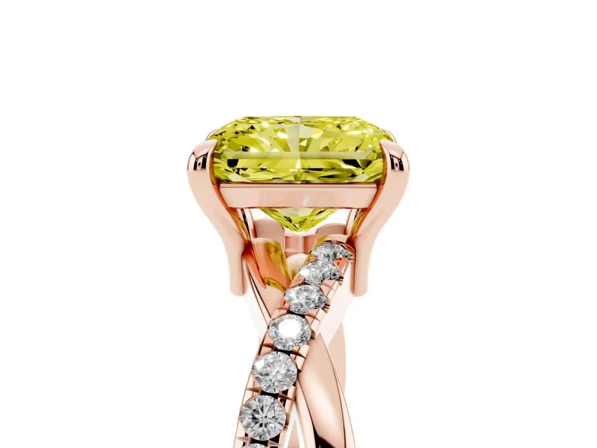 Fancy Yellow Radiant Cut Cut Diamond Twist Band Solitaire with Prong Setting Rose gold