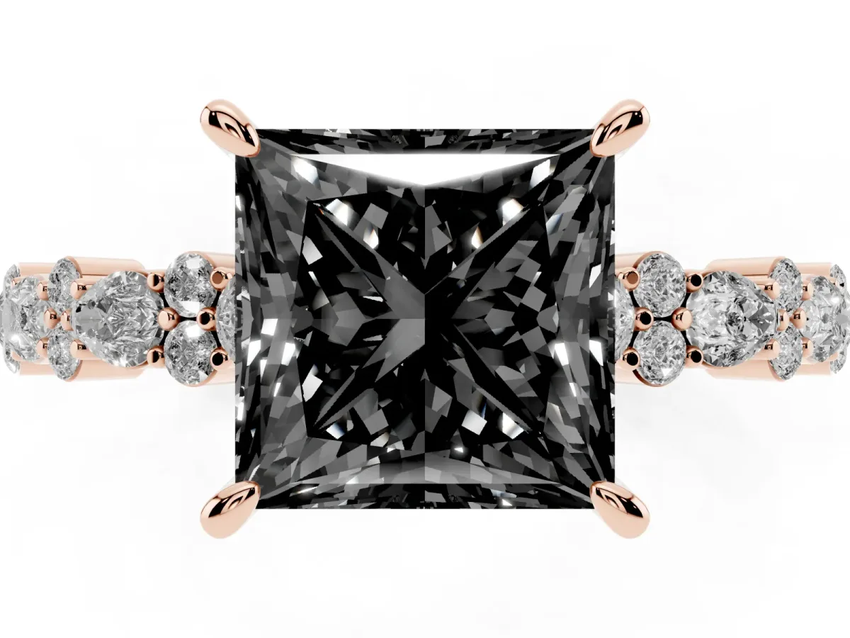 Fancy Black Princess Cut Diamond Side Stone Solitaire Ring with Round and Four-Prong Setting Rose gold