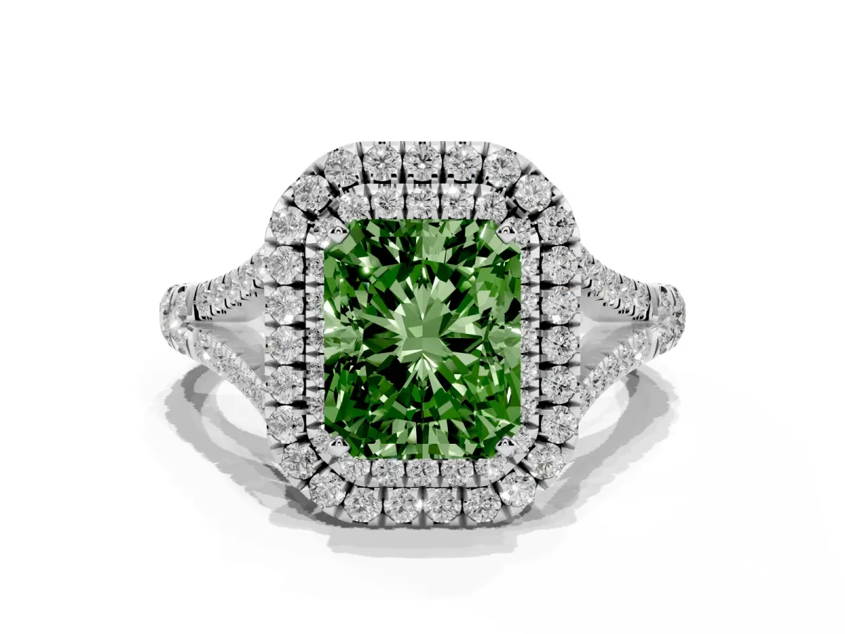 Fancy Green Radiant Cut Diamond Pavé Split Shank Double Halo Engagement Ring Silver