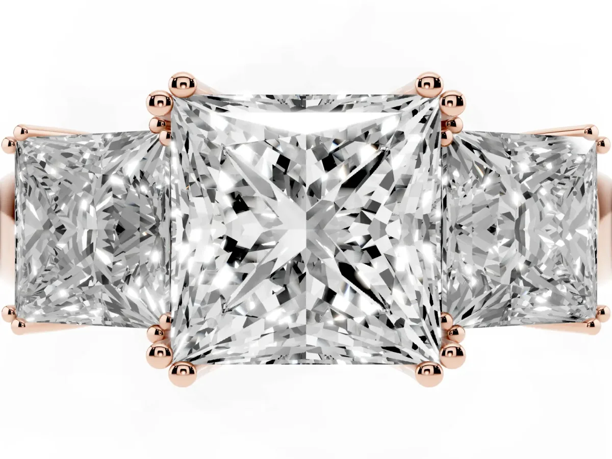 Three-Stone Princess Cut Cut Diamond Ring with Channel Set Band and Four-Prong Setting Rose gold