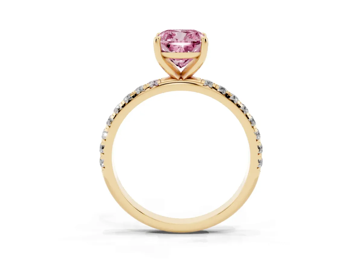 Fancy Pink Cushion Cut Cut Diamond Solitaire Ring with Micro Pave Band and Four Prong Setting Yellow gold