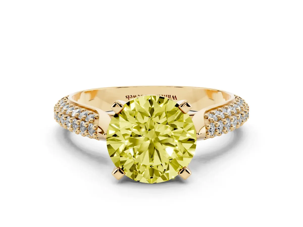 Fancy Yellow Round Cut Diamond Solitaire Engagement Ring with Multi-Row Round Pavé Band and Prong Setting Yellow gold