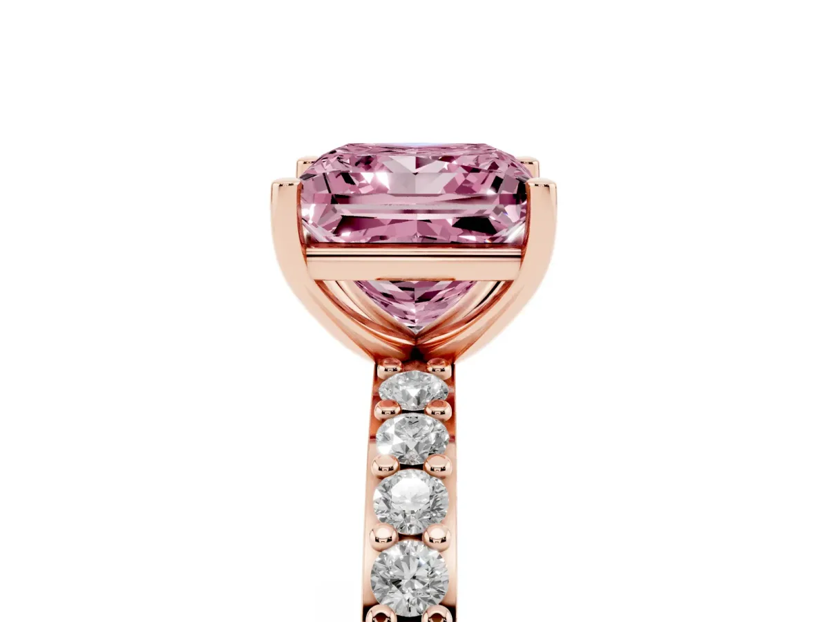 Fancy Pink Princess Cut Cut Diamond Solitaire with Pave Band and Four-Prong Setting Rose gold