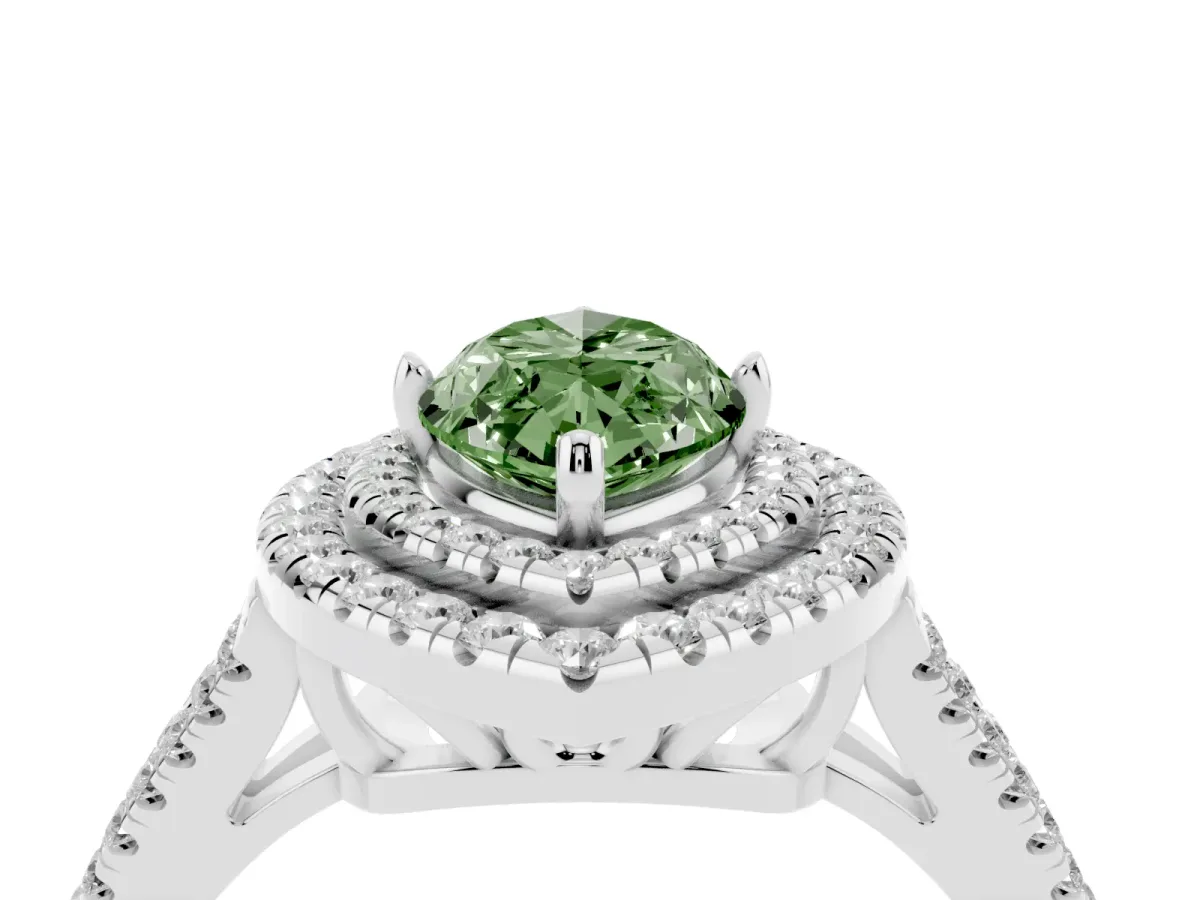 Fancy Green Marquise Cut Diamond Double Halo Ring with Pavé Band and Prong Setting Platinum
