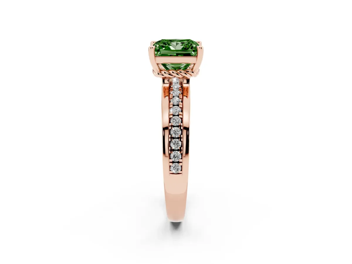Fancy Green Princess Cut Solitaire Diamond Ring with Channel Set Band and Six-Prong Setting Rose gold