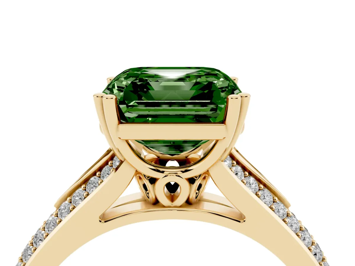 Fancy Green Asscher Cut Diamond Split Shank Engagement Ring with Pavé Band Yellow gold
