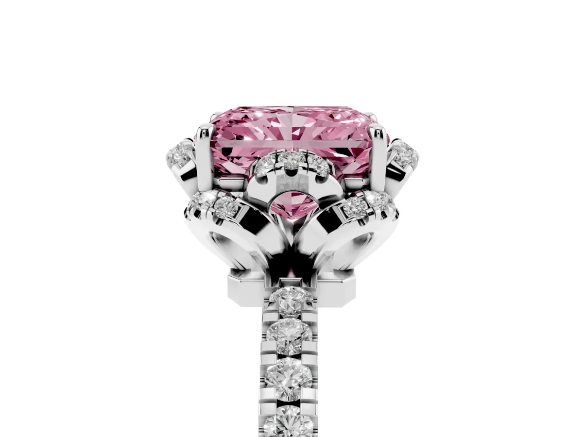 Fancy Pink Radiant Cut Halo Diamond Pave Band Ring with Four-Prong Setting Silver