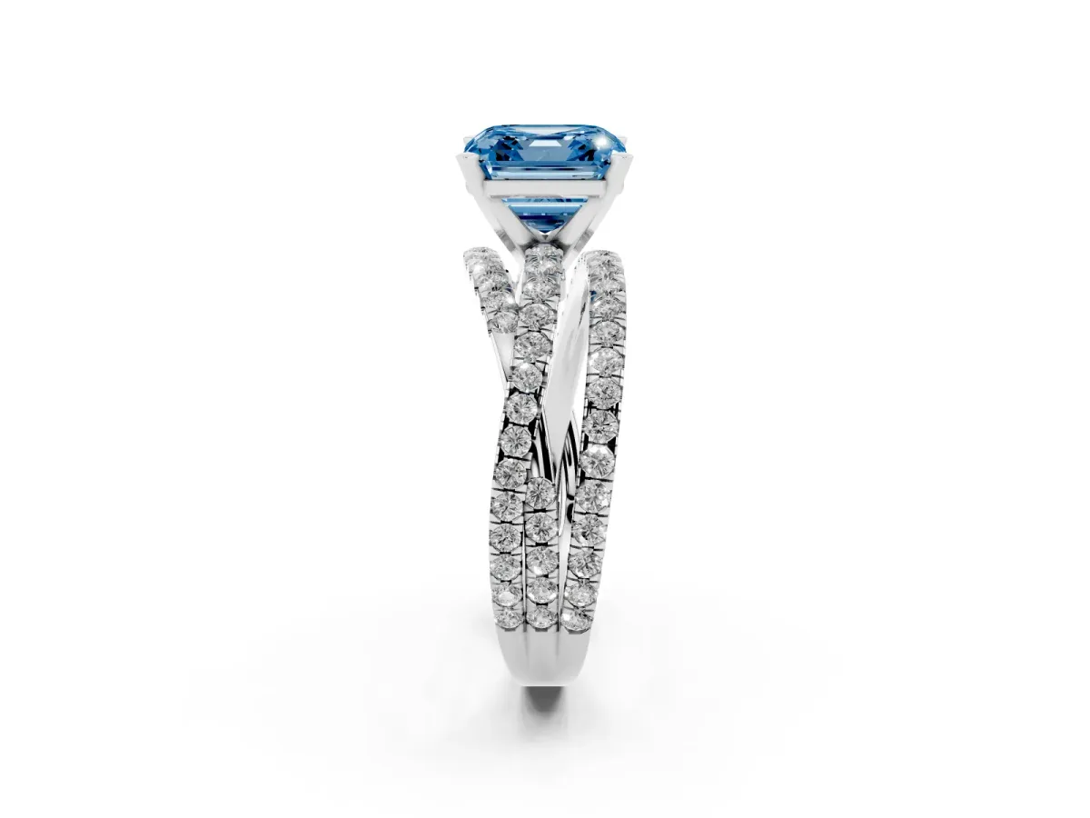Fancy Blue Asscher Cut Solitaire Twist Band with Pavé Setting and Four-Prong Setting Silver