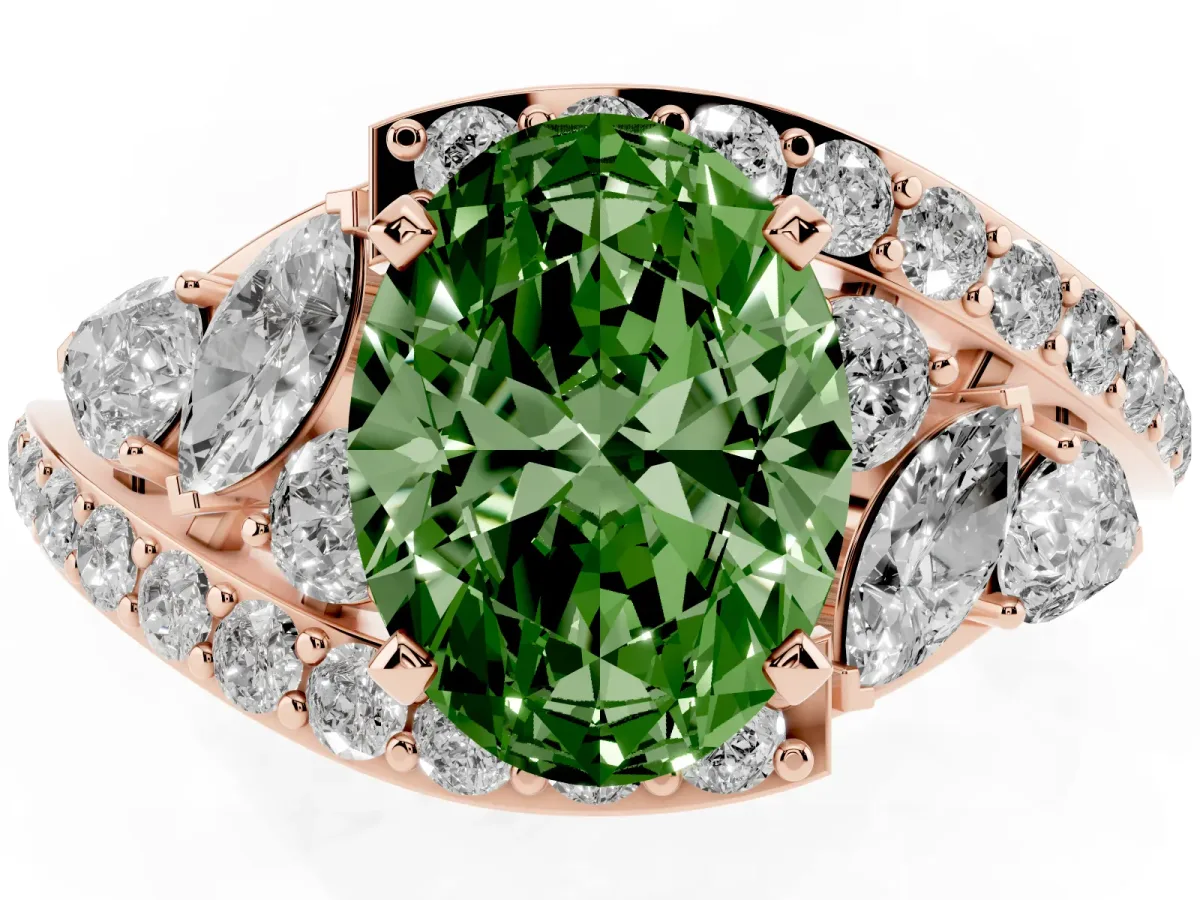 Fancy Green Oval Cut Diamond Halo Ring with Marquise and Pavé Band in Prong Setting Rose gold