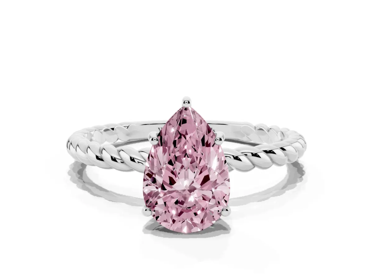 Fancy Pink Pear Cut Solitaire Twist Band Ring with Four-Prong Setting Silver