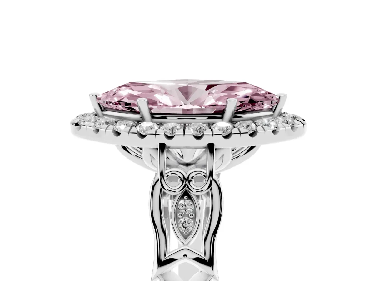 Fancy Pink Marquise Cut Halo Diamond Engagement Ring with Filigree Band and Four-Prong Setting Silver