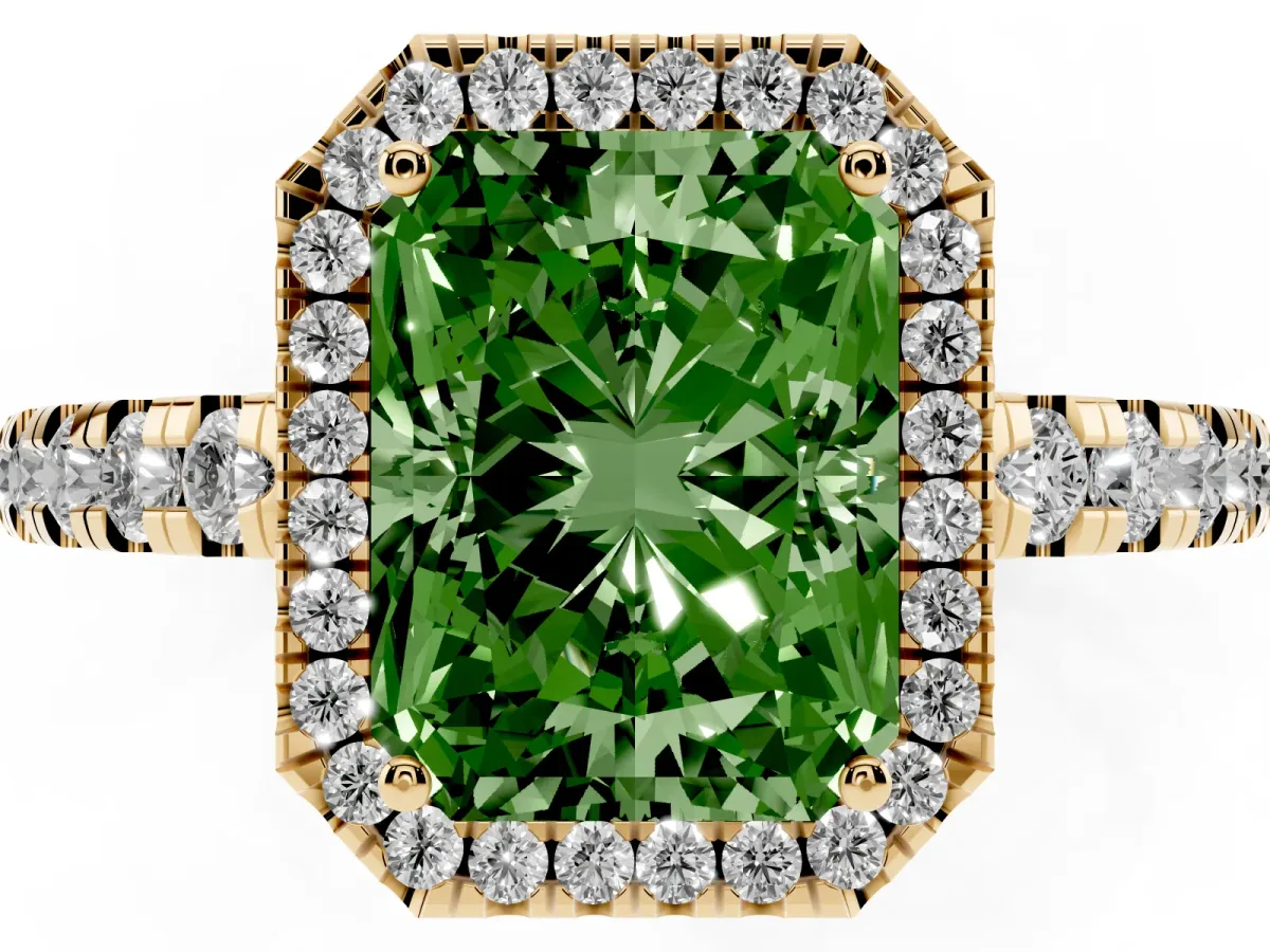 Fancy Green Radiant Cut Diamond Halo Ring with Pavé Band and Four-Prong Setting Yellow gold