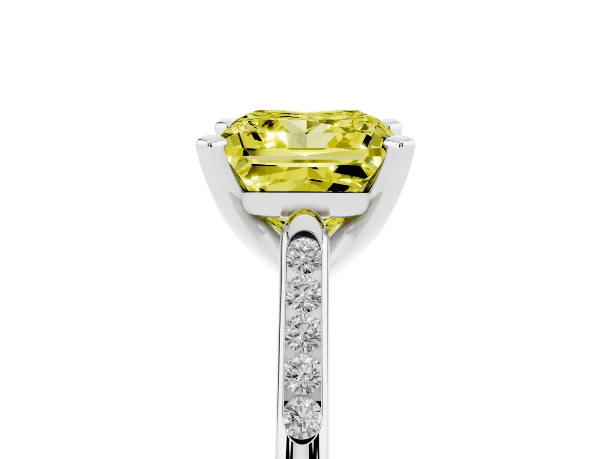 Fancy Yellow Princess Cut Diamond Solitaire Ring with Channel Set Round Band and Prong Setting Platinum