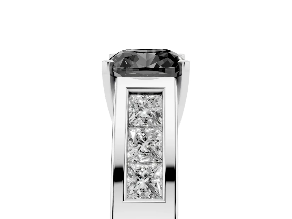Fancy Black Cushion Cut Cut Channel Set Solitaire Ring with Four-Prong Setting Silver