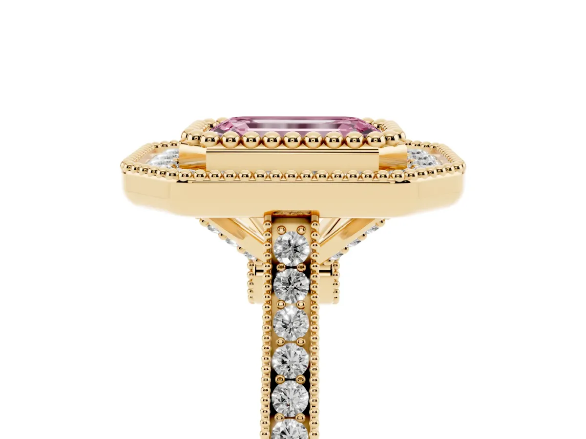 Fancy Pink Emerald Cut Diamond Halo Ring with Milgrain Frame and Pavé Band Yellow gold