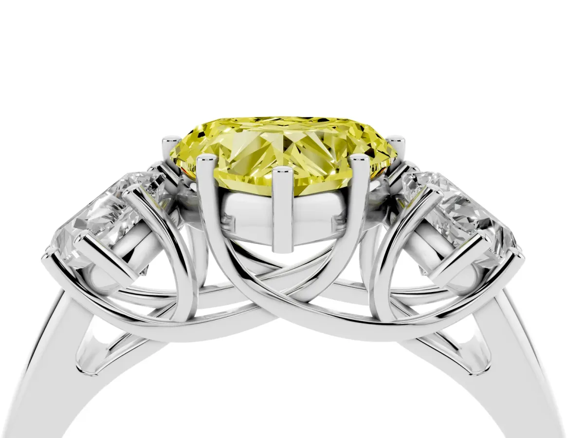 Fancy Yellow Three-Stone Heart Cut Diamond Engagement Ring with Prong Setting Platinum