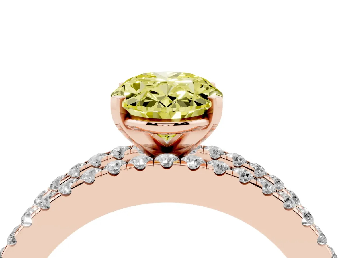 Fancy Yellow Oval Cut Diamond Solitaire Ring with Pavé and Channel Set Band Rose gold