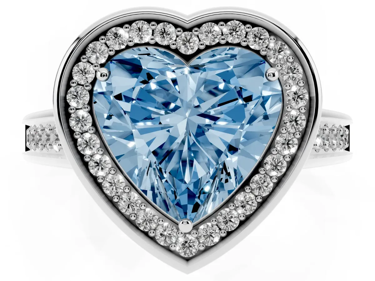 Fancy Blue Heart Cut Halo Solitaire Diamond Ring with Pave Band and Bezel Setting White gold